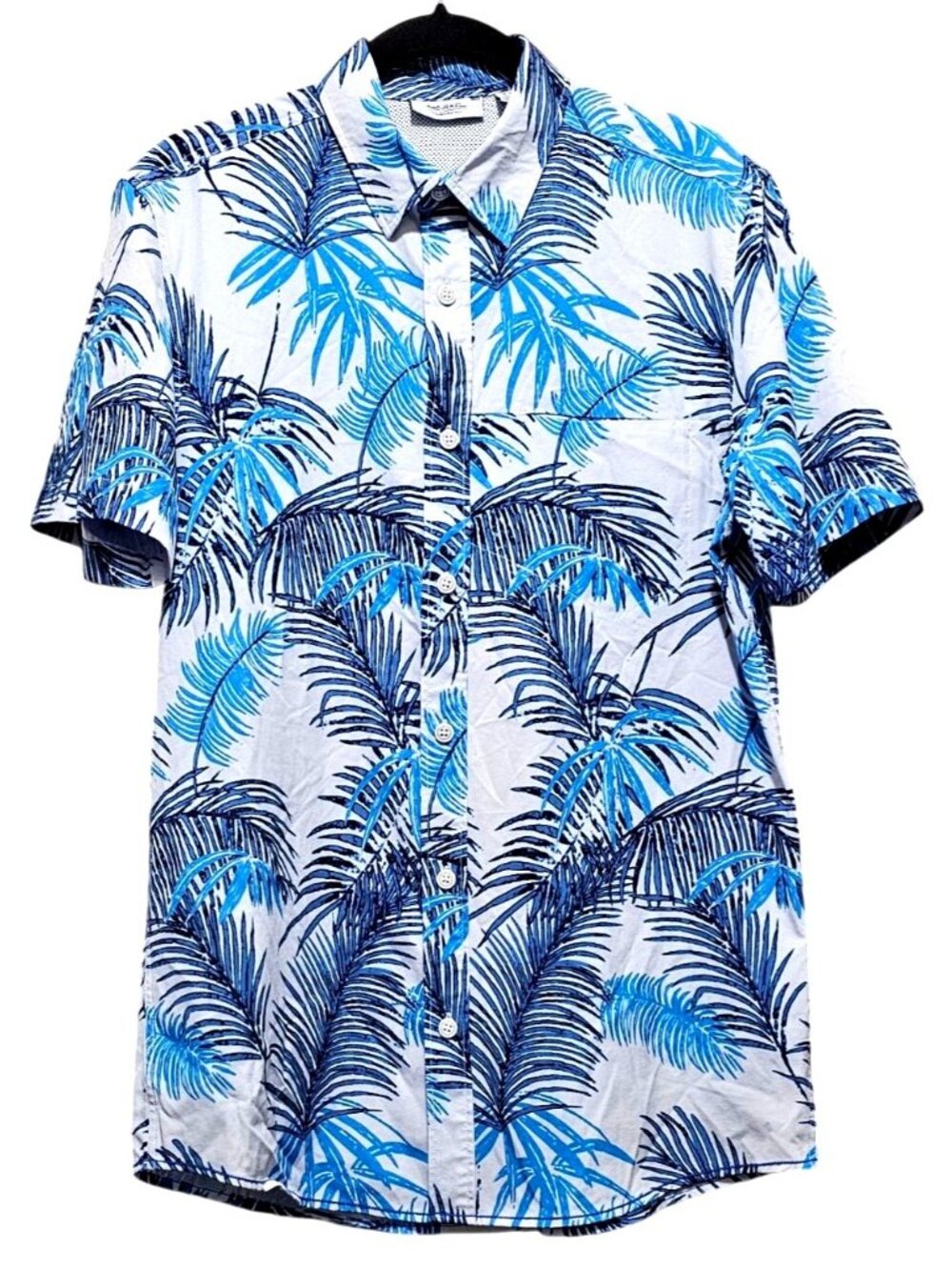 Men's Projek Raw Blue Palm Print Short-Sleeve Button-Up Shirt Tropical Design Si